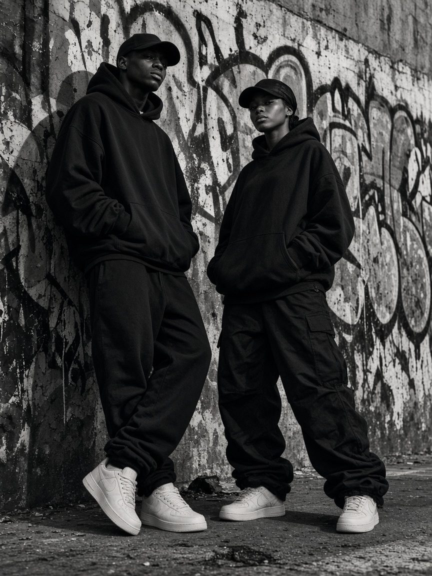 Two models in black hoodies and caps in front of a graffiti wall