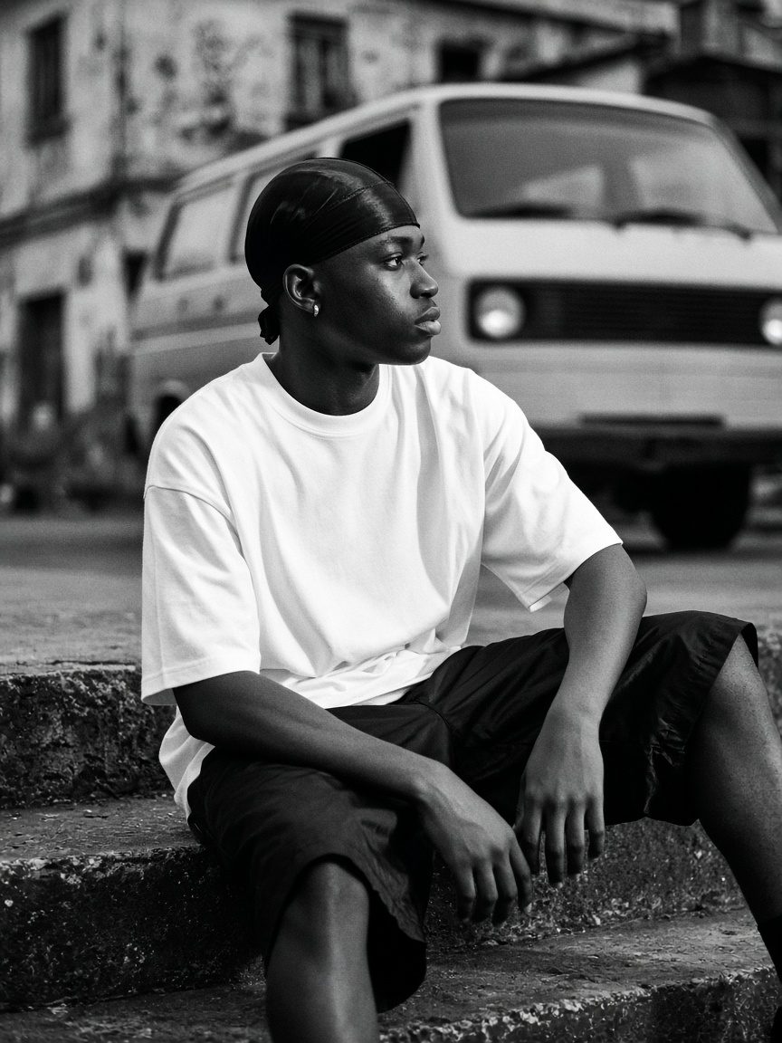 Model in white tee, black shorts and durag sitting on steps