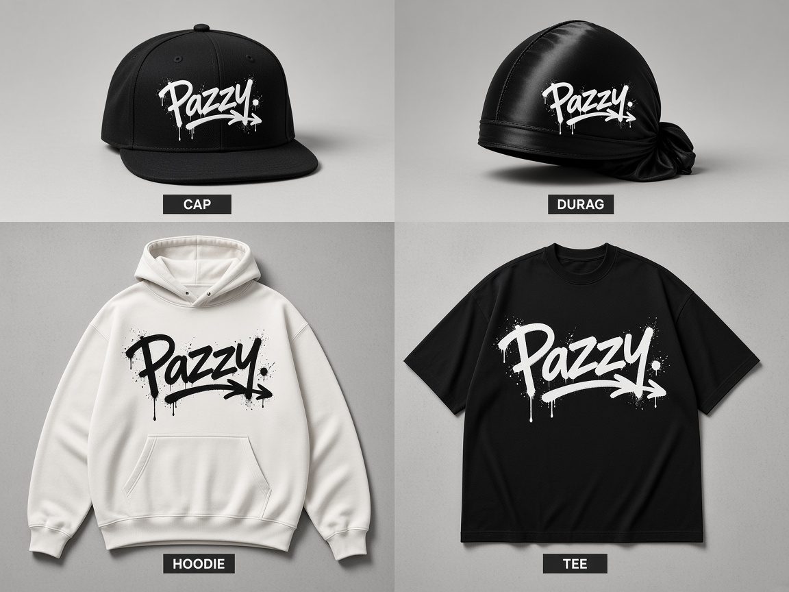 Pazzy cap, durag, hoodie and tee mock-ups